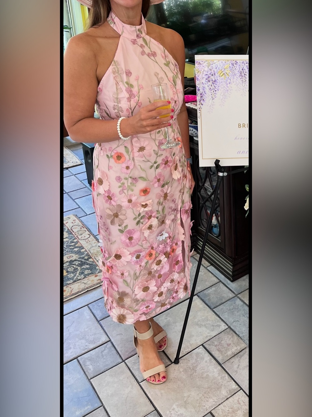 Pink Floral Halter Midi Dress with Front Slit - Picture 7 of 7